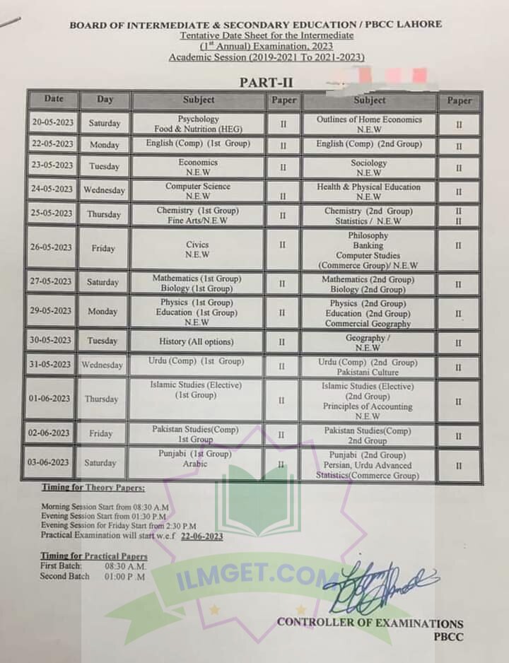 12th Class date sheet 2023 Lahore Board