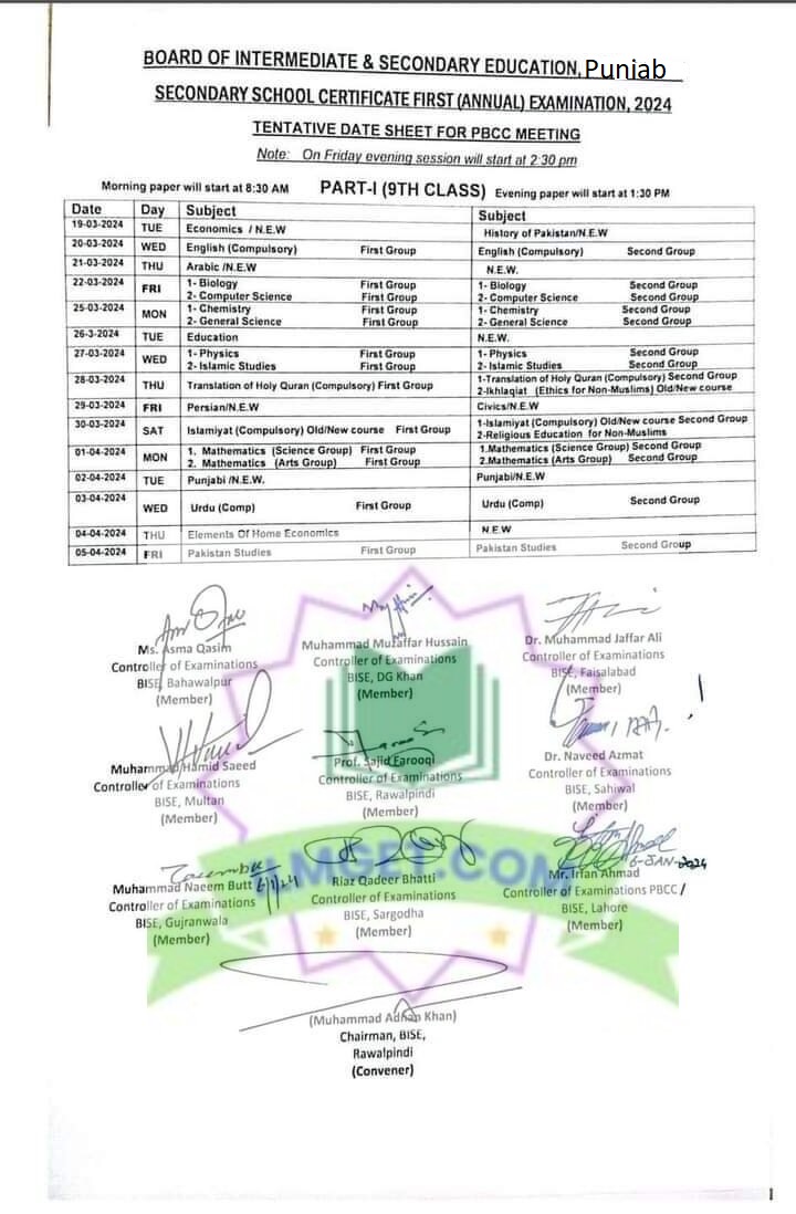 9th Class Date Sheet D G Khan Board 2024