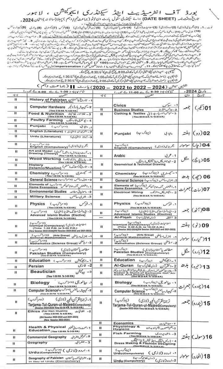 10th Class Date Sheet Lahore Board 2024