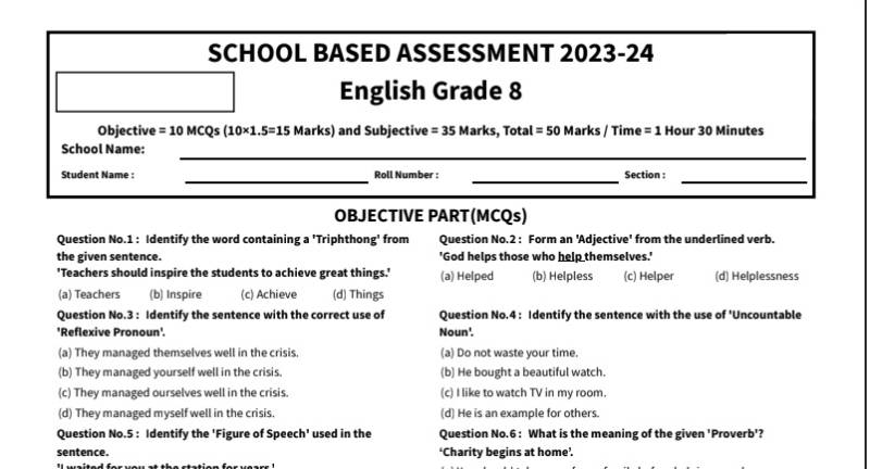 School Based Assessment 2024 Grade 8 